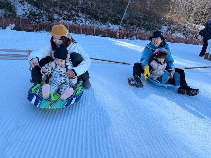 Parents and children enjoying sledding together