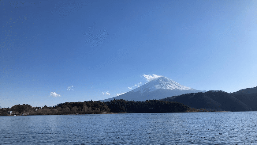 Mount Fuji and the lake viewed from a boat on the water